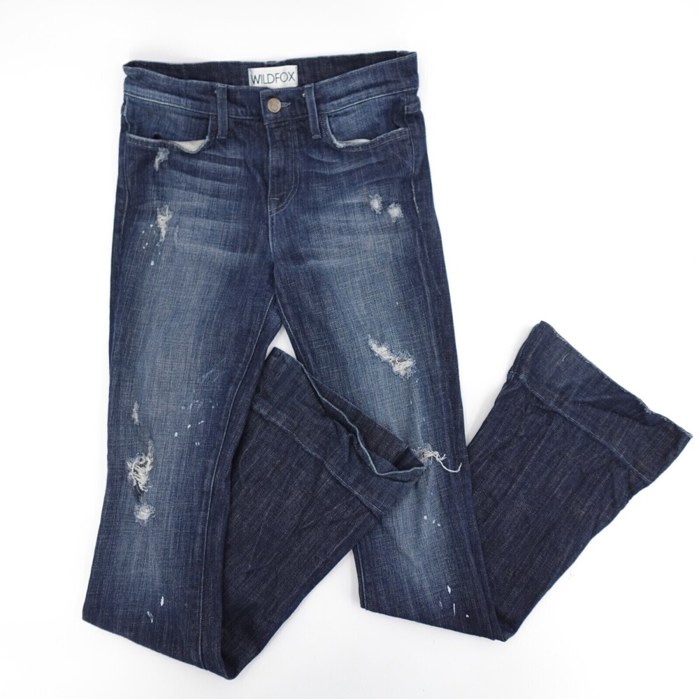 Wildfox Jeans Womens 28 Blue Denim Mid-Rise Flared Paint Splatter Distressed